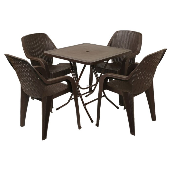 지오리빙 라탄 테이블 사각  팔걸의 의자 4p 세트 고객직접설치, 브라운