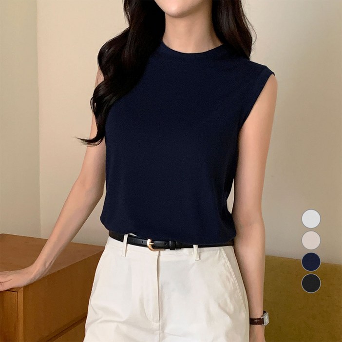 AFINAR 찰랑 레이온 민소매 라운드넥 티셔츠