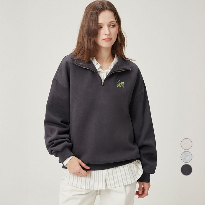 ELLEPARIS 여성용 아이코닉 스몰 모티프 자수 기모 하프 집업 스웻셔츠