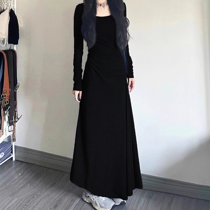 더시럽 여성용 기본 단색 슬림 긴팔 롱 원피스