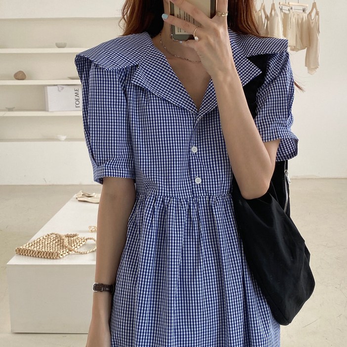 아이엠몽 여성용 세로이 깅엄체크 반팔 빅카라 롱 원피스