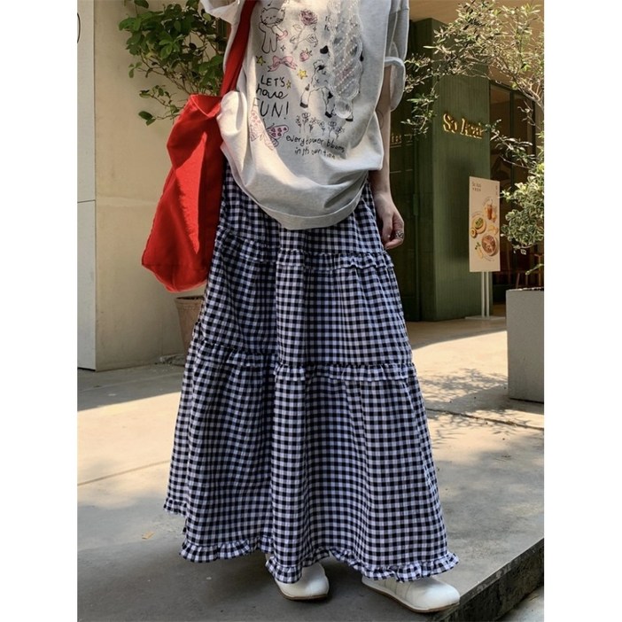 여성 핑크 고방체크 프릴 셔링 캉캉 러플 밴딩 여름 롱스커트
