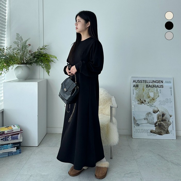 디테일웨어 여성 기모 롱원피스 날씬해보이는 다트 포인트 퍼프셔링 오버핏 플레어 스커트 편한원피스 강아지 산책 임산부 원피스