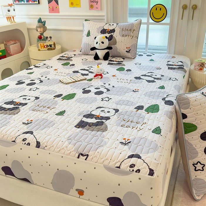 SSINGYUN 캐릭터 날염 누빔 토퍼형 매트리스 커버 미끄럼방지 침대커버 베개커버 세트