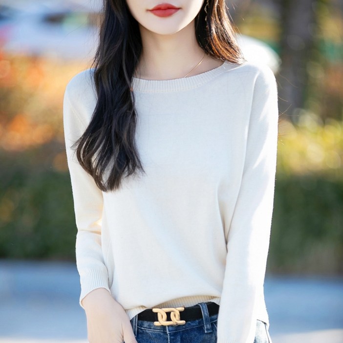 ANYOU 춘추 여성 라운드 긴팔 풀오버 니트 기본