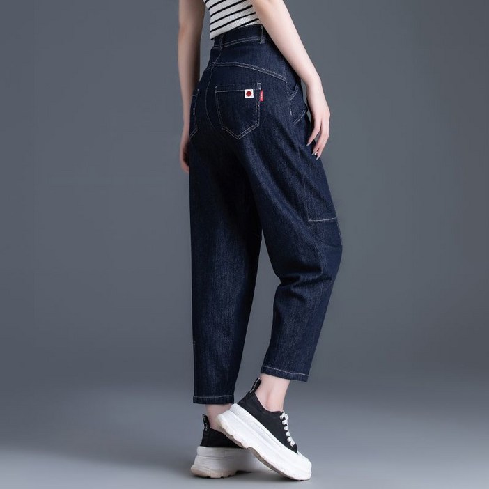 AOKADA 여성 봄 가을 루즈핏 배기 청바지 키작녀 9부 워싱 데님 팬츠