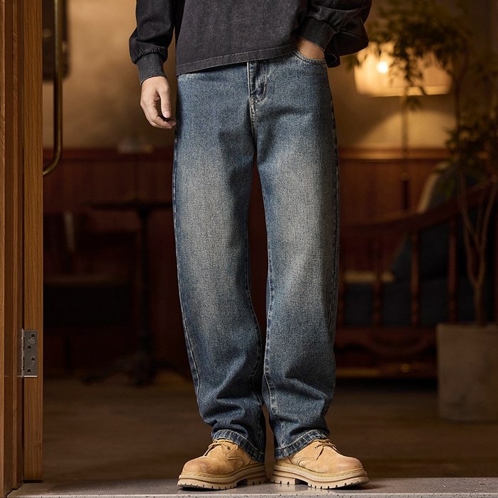 남성 루즈핏 스트레이트 데님 캐주얼 패션 워싱 데님 다양한 컬러 선택 가능 커브드 핏
