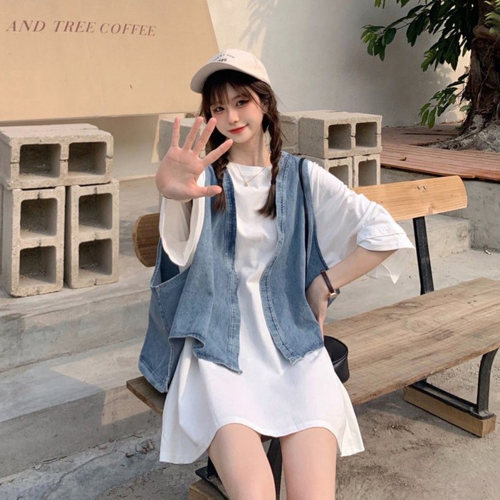 Unique 여성 여름 오버핏 반팔 티 데님 청 조끼 투피스 세트 캐주얼 박시티 셋업 빅사이즈