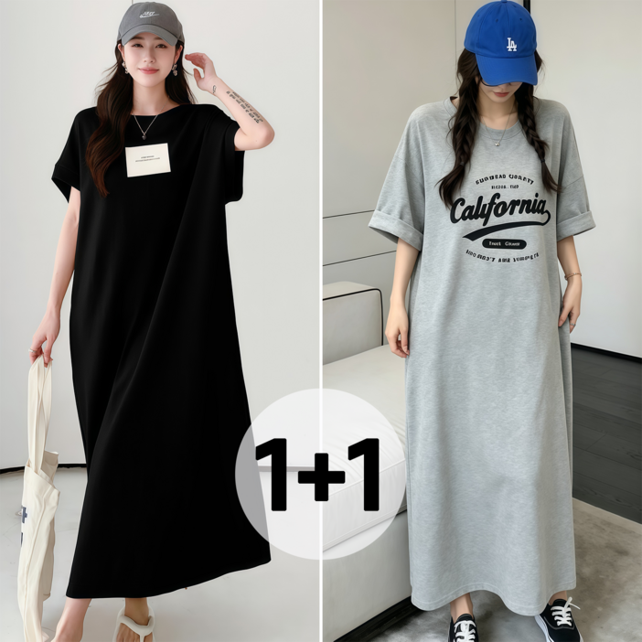 WAIJER 11 여성 여름 반팔티 롱원피스 빅사이즈 오버핏 캐주얼 데일리 원피스 밑단 트임 디자인