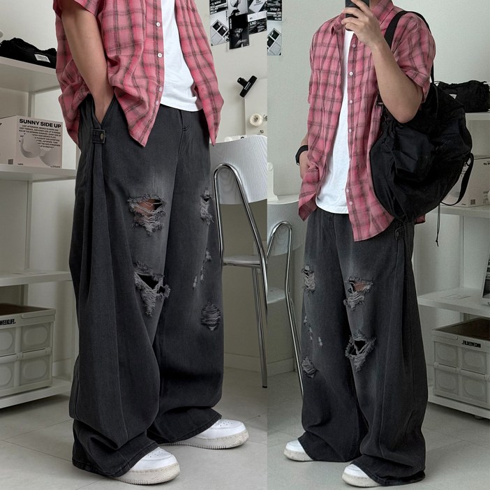 르위 데일리 사이드 스냅 밴딩 와이드 찢청 데님 벌룬 롱팬츠 빅사이즈
