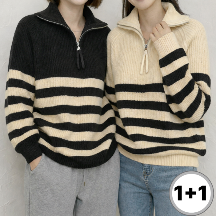 엘로스 11 여성 봄 반집업 니트티 스트라이프 루즈핏 긴팔 스웨터 2종 세트