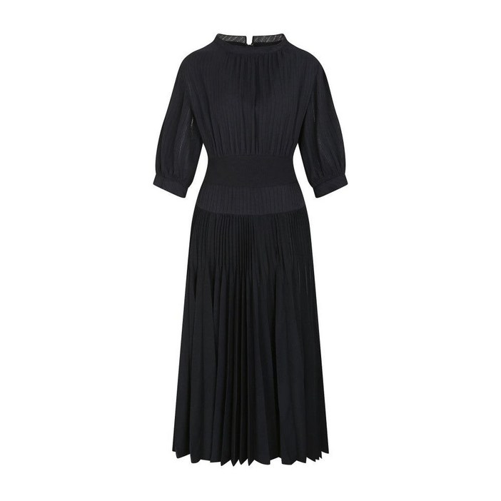 JJ지고트 니트 배색 벌룬핏 플리츠 원피스