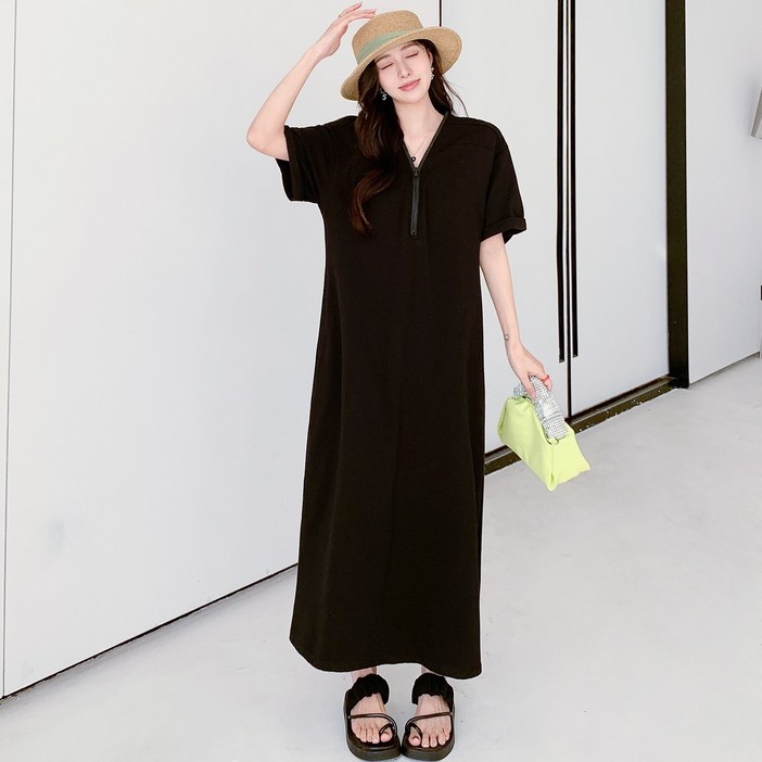 더사바 루즈핏 롱집업 빅사이즈 여성 원피스 롤업반팔 여름 오버핏 넉넉