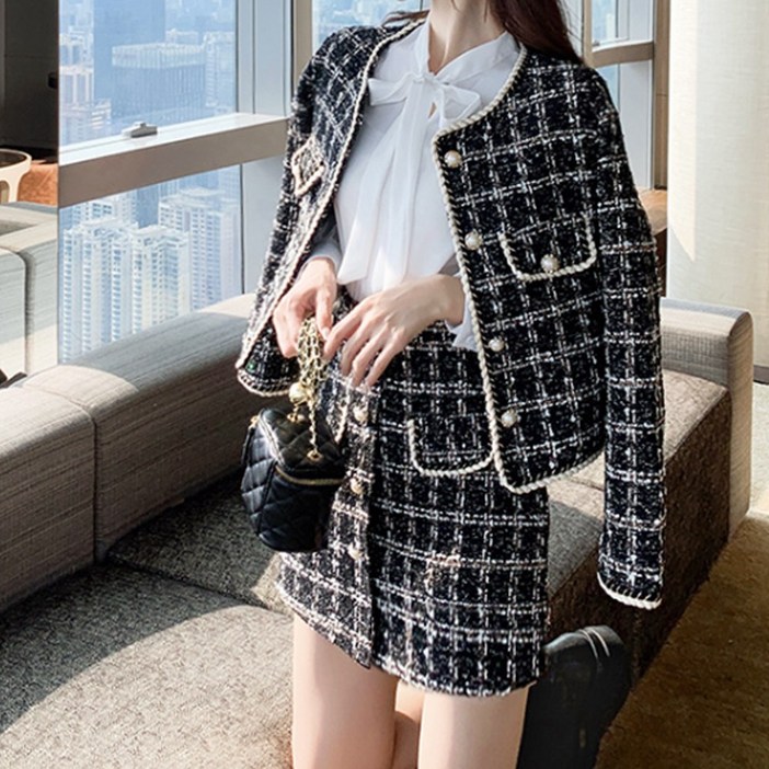 믹스블링 여성 트위드 자켓 미니 스커트 정장 투피스 세트