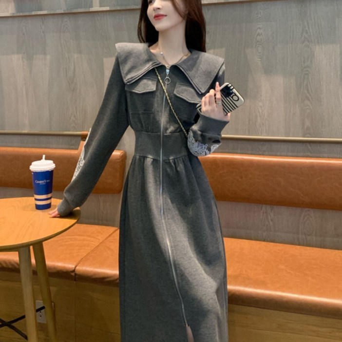 녕동 여성 맨투맨 원피스 슬림핏 카라넥 캐주얼 레이스 패치 봄가을 원피스