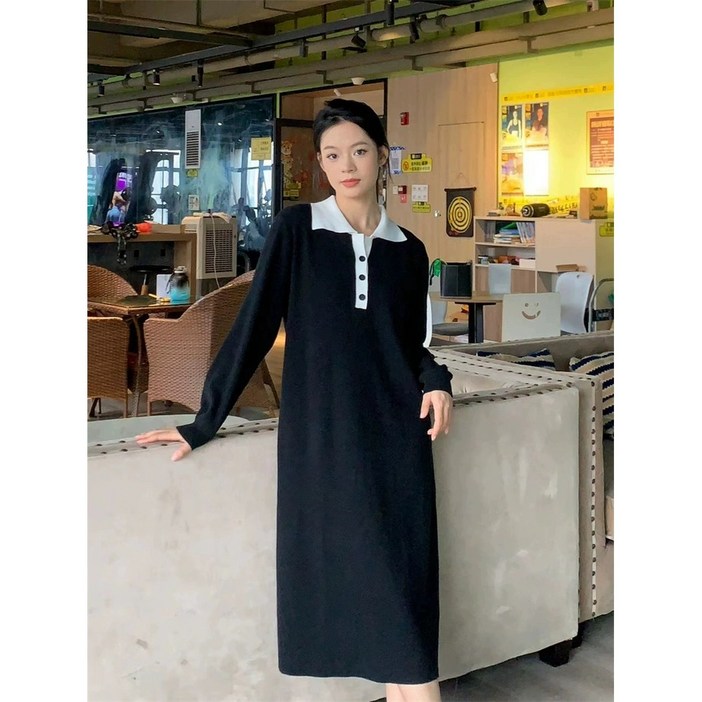 탄탄강추 카라 배색 니트 롱 원피스 탄탄강추 카라 배색 니트 롱 원피스