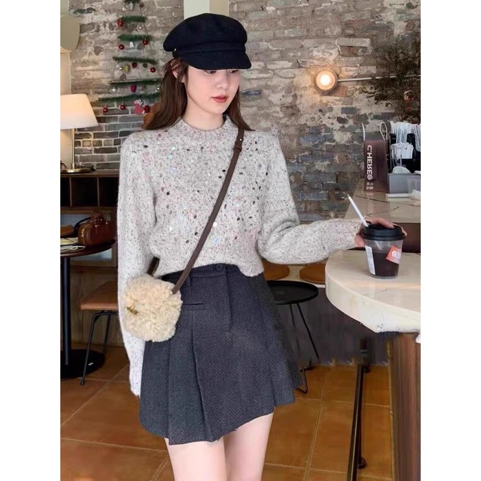 도톰한 스팽글 니트 추동여 나른한 굵은 실 숏 키 작은 유니크 풀오버 스웨터 탑