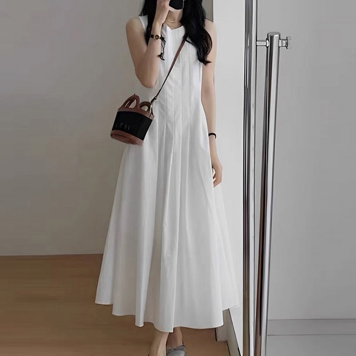 G497핀턱 민소매 롱원피스