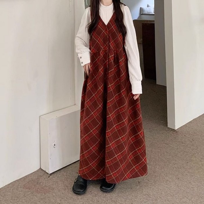 ORZQU 가을겨울 여성 캐주얼 브이넥 민소매 모직 조끼 체크 원피스 오버핏 스쿨룩