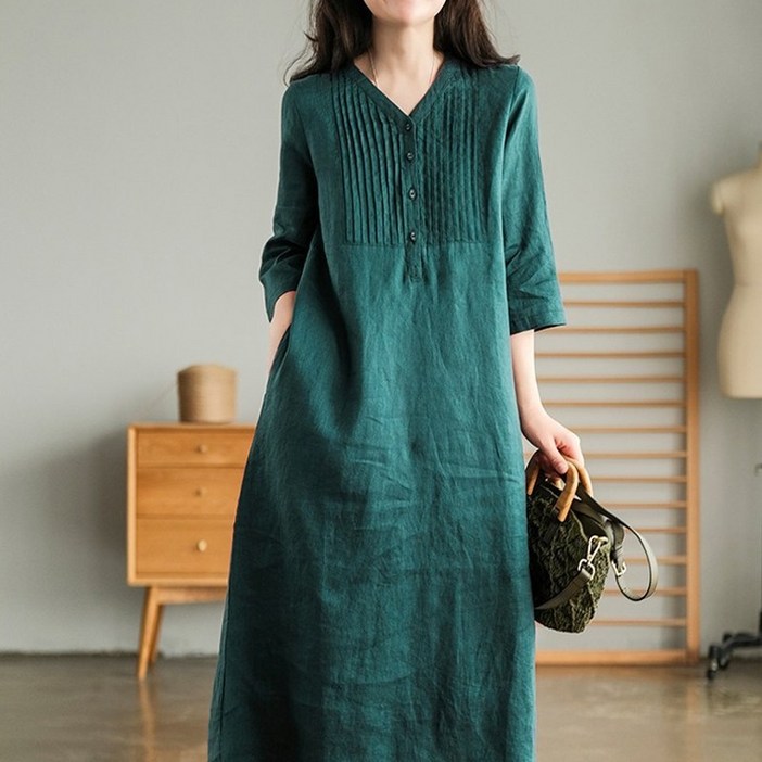 봄 여름 리넨 5분 소매 세련 연상적 패션 원피스 여성용 캐주얼 V넥 얇은 소매 긴 원피스  스타일 더위 흡수