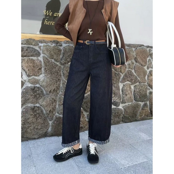 지티세븐 여성용 롤업 페이즐리 포인트 와이드핏 하체커버 스판 데님 청바지
