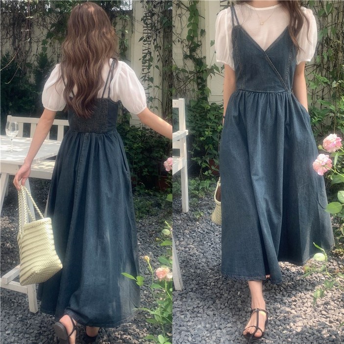 세븐걸  데님  뷔스티에 밴딩 롱 원피스 ML