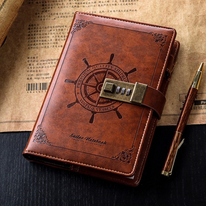 빈티지 잠금 자물쇠 줄 무지 만년 일기장 다이어리, 3. 브라운 DA3