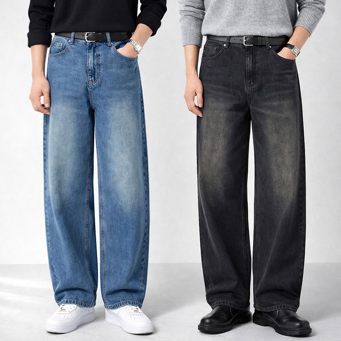 남자 워싱 와이드 밴딩 청바지 빅사이즈
