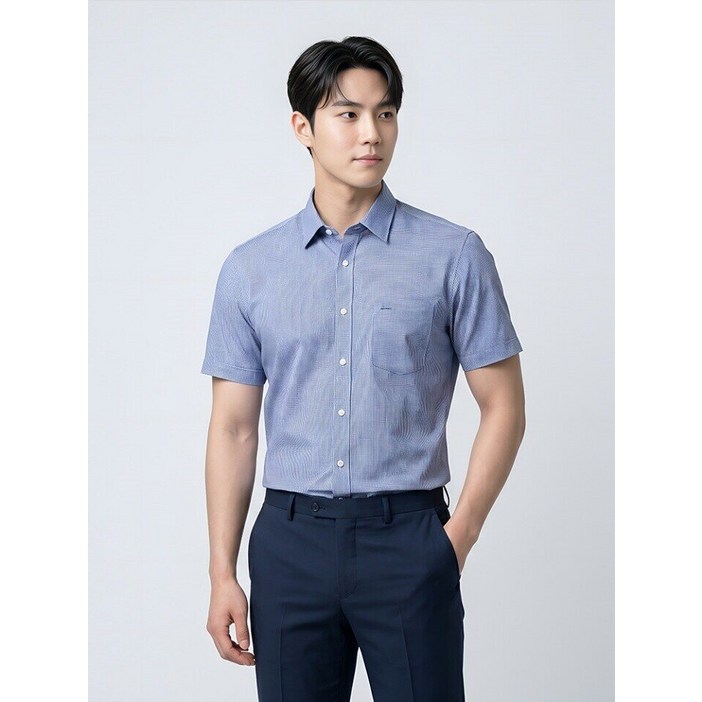 BY파크랜드 오스틴리드 SLIM FIT  써커 네이비 슬럽조직 반팔 셔츠-A6XC2411039B