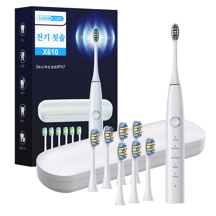 음파전동칫솔 초음파 전동칫솔 스마트 음파 전동칫솔 본체 전동칫솔 파워화이트닝 전동칫솔 전동칫솔 리필브러쉬 6개, 여행가방