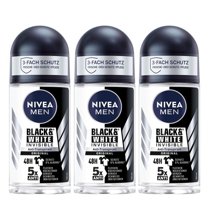 니베아 맨 데오 롤 인비저블 블랙 앤 화이트 50ml, 3개, 50ml