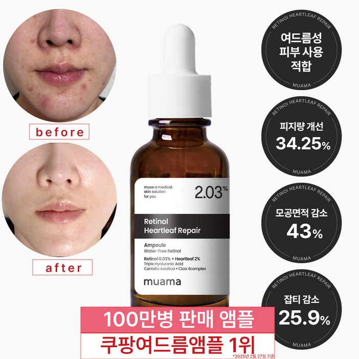 3일 여드름 재생진정 개선 앰플 [여드름 흉터 & 좁쌀 피지 개선 임상완료] [100만병 판매기념 선착순 할인] 레티놀 어성초 히알루론산 나이아신아마이드 뮤아마 앰플