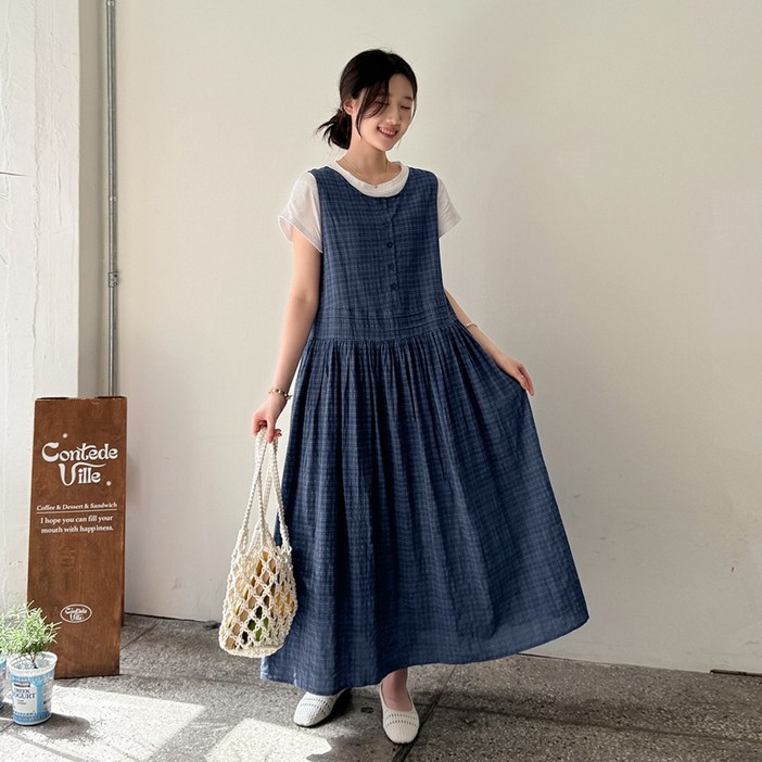 데일리앤 슈디 루즈핏 아사면 체크 민소매 롱 원피스 봄 여름 휴양지 임부복 66 77