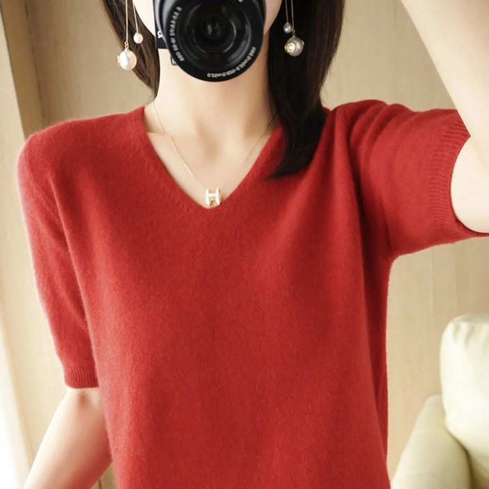 데일리쮸 여성 브이넥 반팔 니트 티셔츠