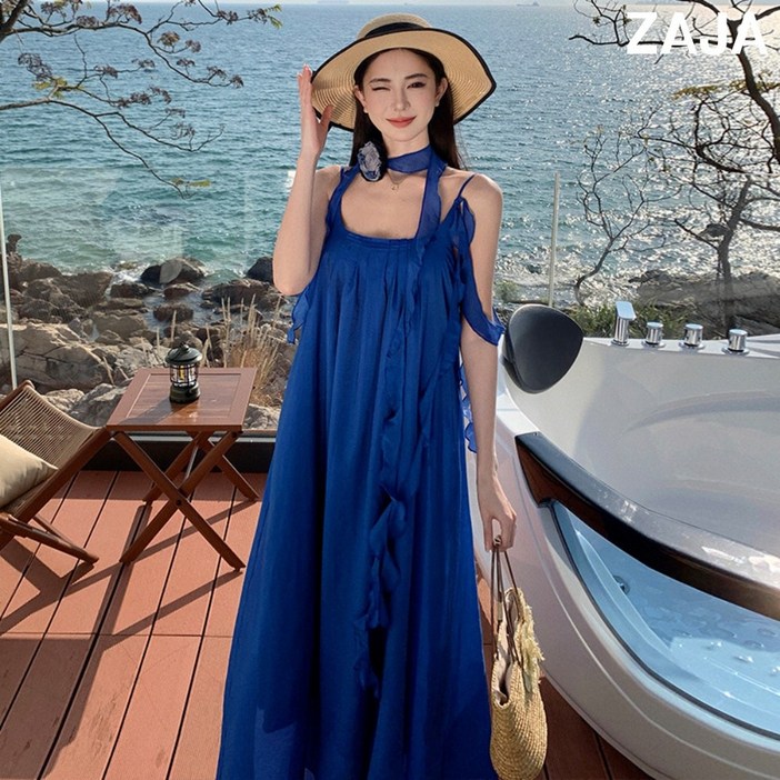ZAJA 휴양지 롱 원피스 스파게티 꽃장식 비치드레스 루즈핏