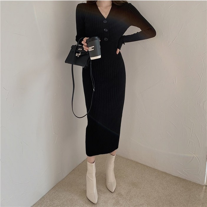 여성 브이넥 버튼 니트 긴팔 원피스 슬림