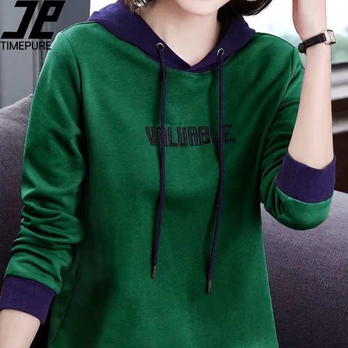 타임퓨어 가을 여성용 후드 스웨트셔츠 신상 얇은 외투 긴팔 캐주얼 상의 조임끈 후드 중기장 스웨터 오버사이즈 중기장 후디