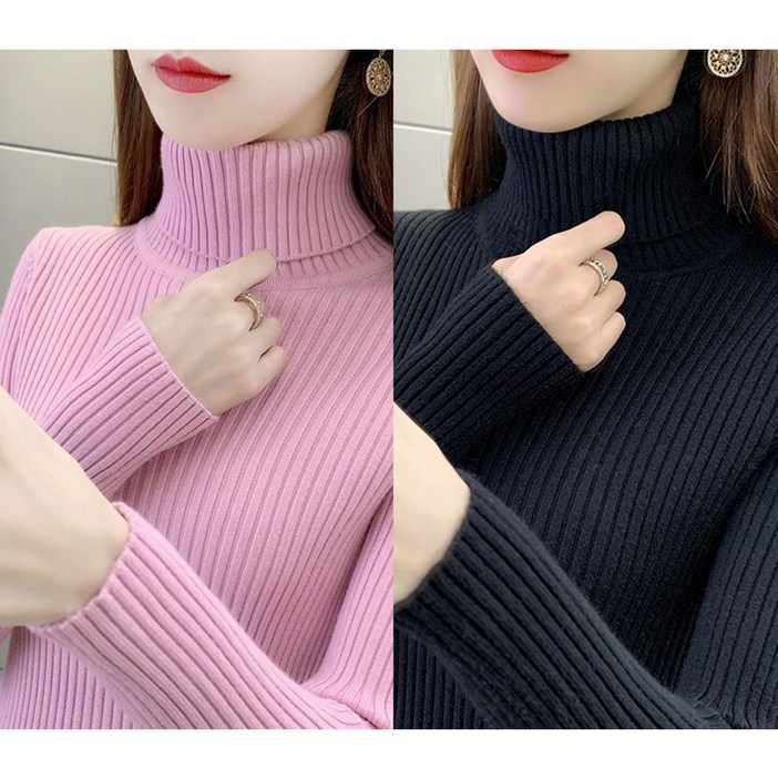 1+1 여성 목폴라 니트 스웨터 캐주얼 가을 겨울 도톰 터틀넥 상의 루즈핏 이너 니트티 기질 하이넥 니트 스웨터 2P CY