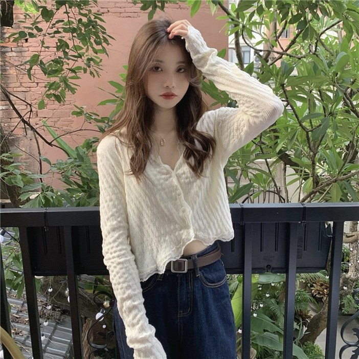 여성 여리핏 레이스 브이넥 세미크롭 블라우스