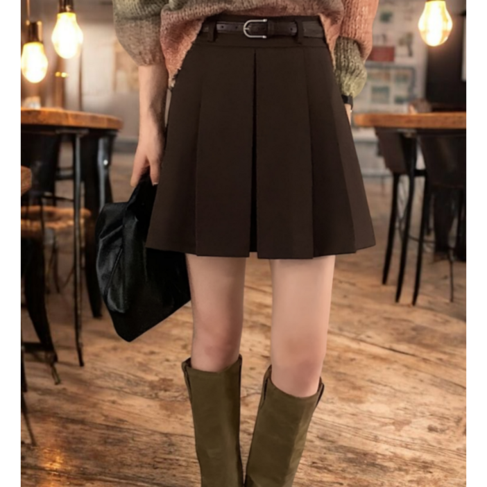 여성 A라인 하이웨이스트 슬림핏 플리츠 미니스커트 허리띠 포함