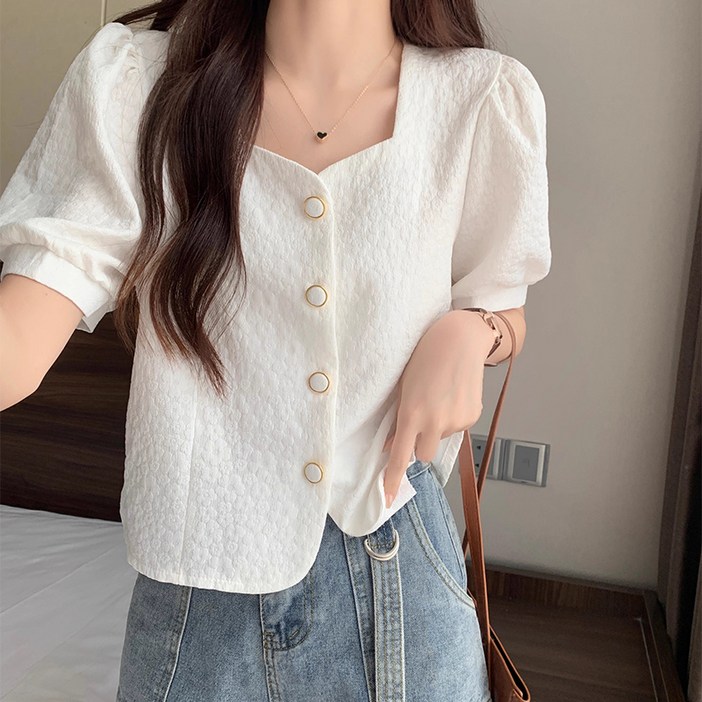 유니픽여성 여름 사각넥 반팔 블라우스 우아한 화이트 디자인cjg