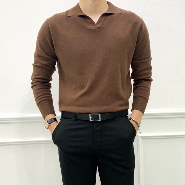 [도보크] 15컬러 봄 가을 부드러운 남자 캐시미어 긴팔 카라니트