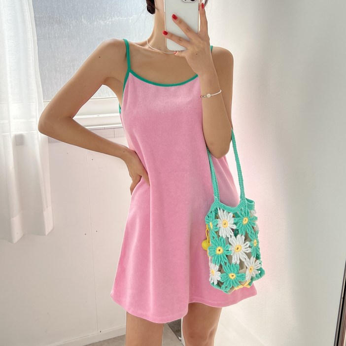 미니,롱 ver 타올,비치웨어 랍빠 배색 스퀘어넥 테리 루즈핏 끈 나시 롱 미니 원피스 5color 커버업