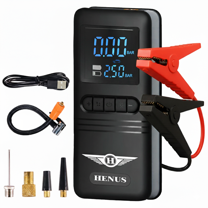 헤누스 듀얼부스터 2IN1 자동차 점프스타터 긴급시동 공기압주입기 12V스마트 점프 케이블, 12000mAh, 1세트