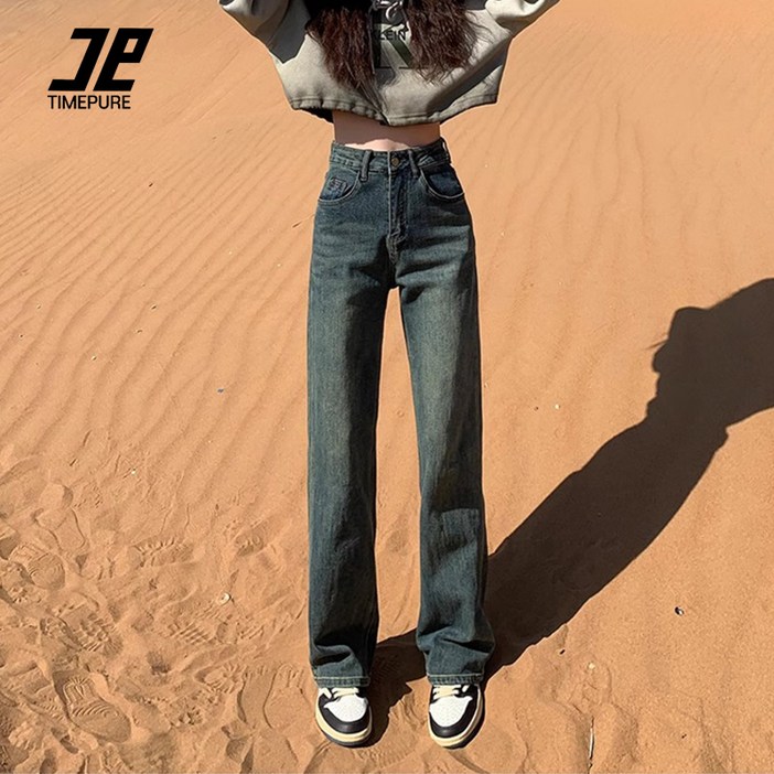 TIMEPURE 여성 슬림 와이드 데님 팬츠 하이웨이스트 스트레이트 핏 일자 청바지