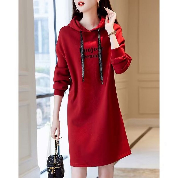 봄 가을 여성 긴팔 원피스 빅사이즈 루즈핏 미디엄 후드 원피스 캐주얼 여자 맨투맨 원피스 CJJ
