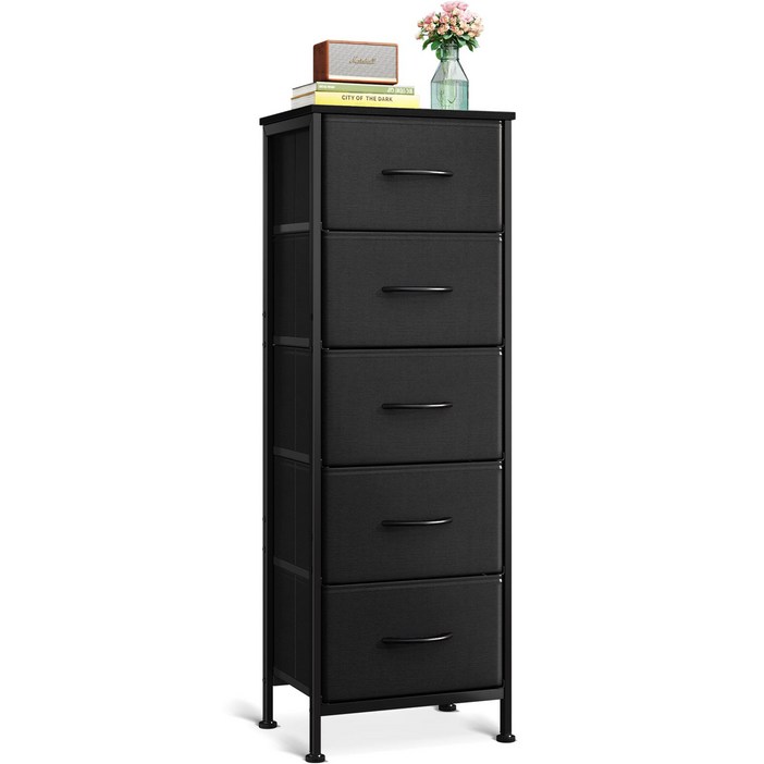 AODK 다용도 패브릭 서랍장 서랍장 수납장 수납 천으로 만든, 5단, 블랙