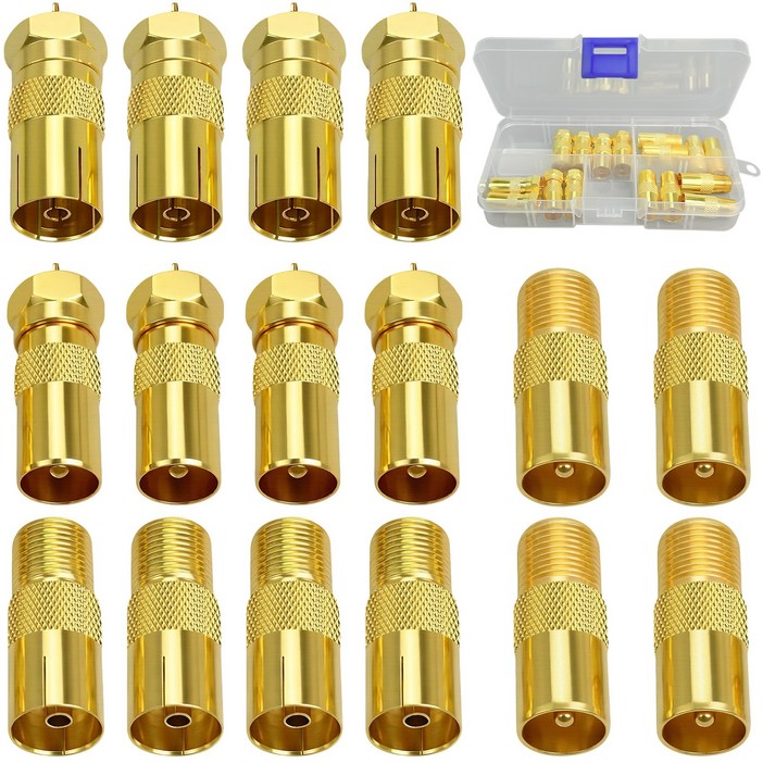 F형 TV 안테나 동축 커플러, 위성 안테나 어댑터 세트, 플러그-암형 TV 동축 커플러, F 커플링-동축 플러그 & IEC 암커넥터 (골드 도금), 1개, 금색