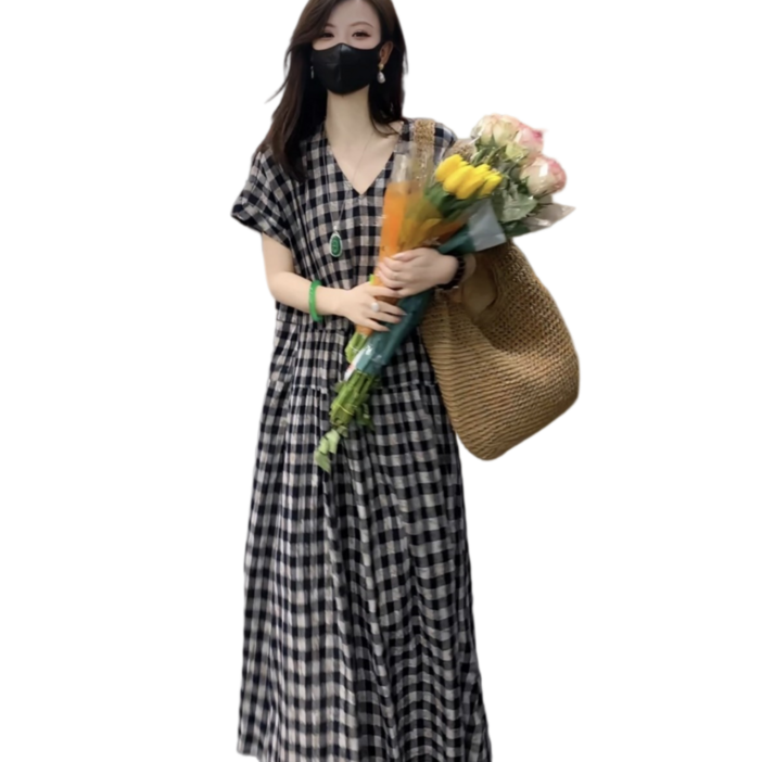 비아이와이 여성 여름 반팔 루즈핏 체크 롱원피스 H128
