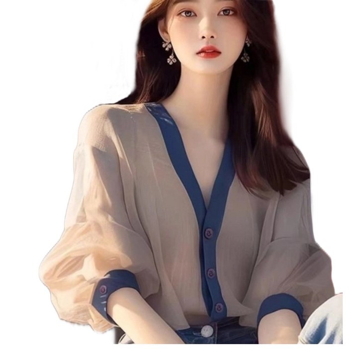 여성 산뜻 블라우스 카라넥 브이넥 루즈핏 살안타 긴팔